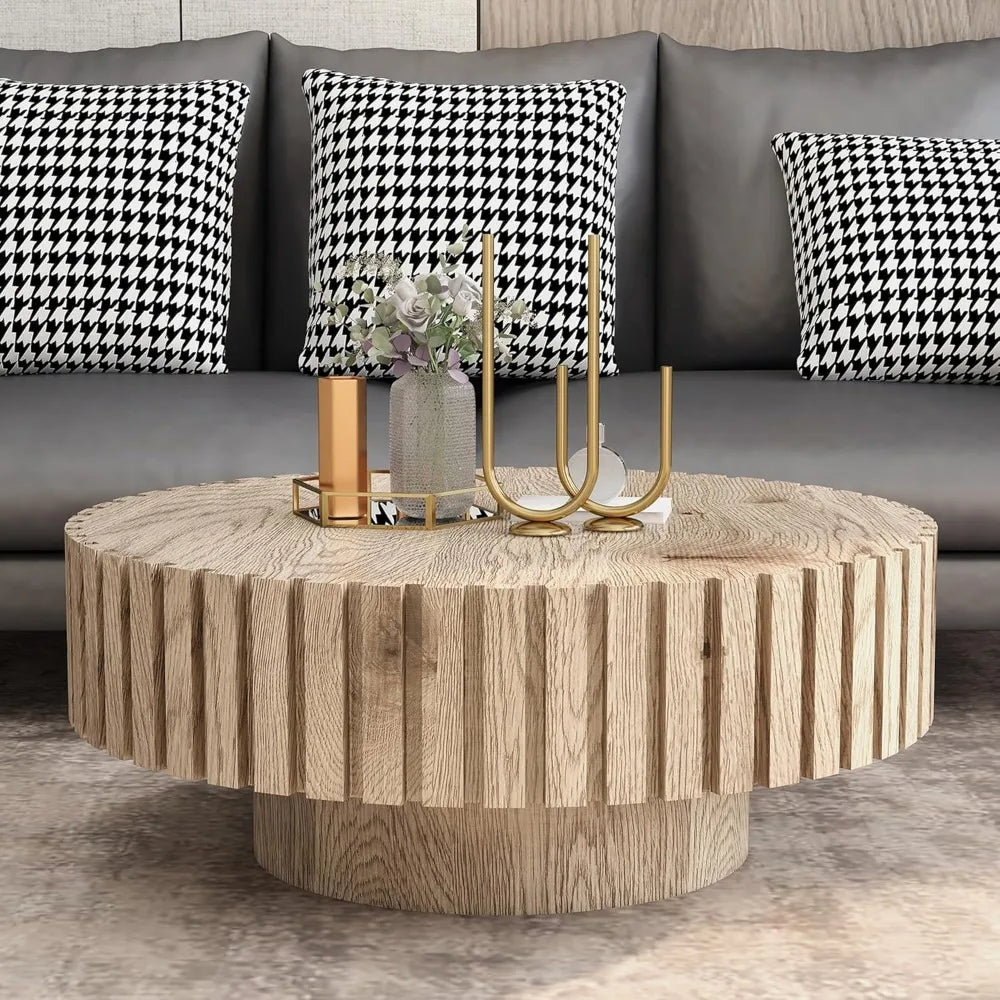 Round Wood Coffee Table for Living Room Modern Rustic Fluted Solid Wood Coffee Table Pedestal Center Table Circle Tea Tables