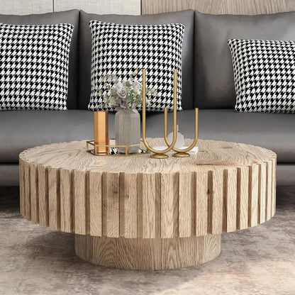 Round Wood Coffee Table for Living Room Modern Rustic Fluted Solid Wood Coffee Table Pedestal Center Table Circle Tea Tables