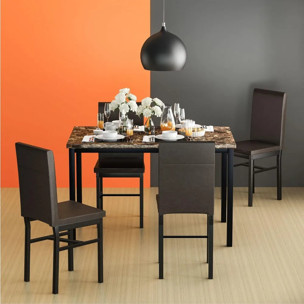 4-piece Dining Table and Chair Set, 5-piece Modern Dining Room Dining Table Set with Faux Marble Top and PU Leather Chairs