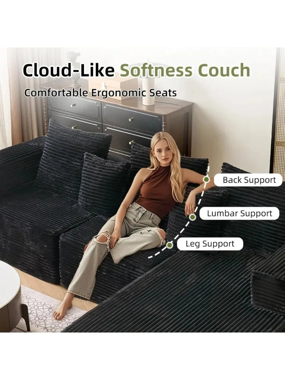 108'' Sectional Couches for Living Room, Boneless Cloud Couch, L Shaped Couch w/Stripe, Modular Sectional Sofa w/Flannel Fabrics