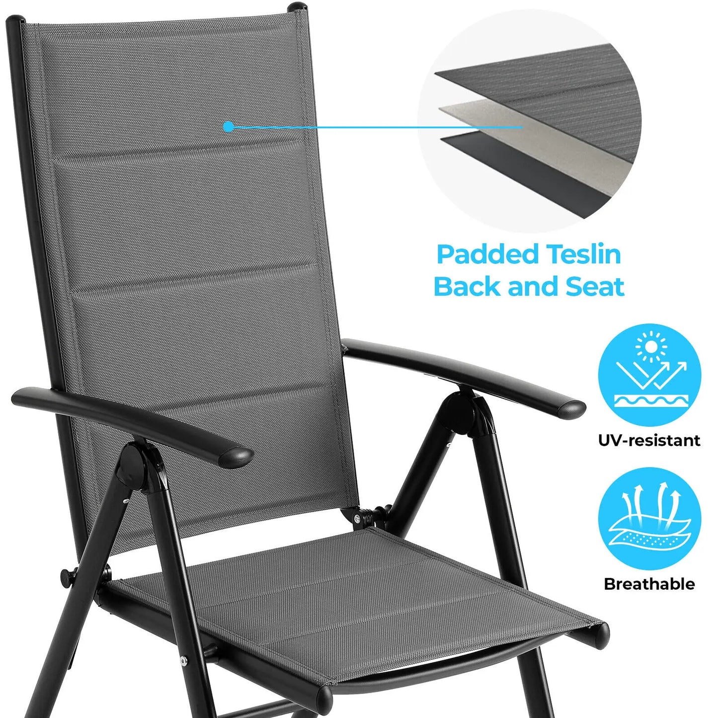 Aluminum Foldable Garden Chair, Lounge Backrest 7 Adjustable Settings, with Armrests, Weatherproof Outdoor Chairs Black,Gray