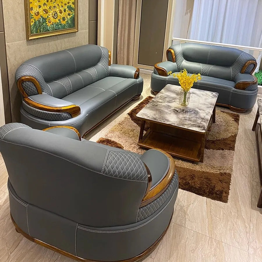 New Chinese ebony leather sofa modern simple living room large first layer yellow cowhide new solid wood combination