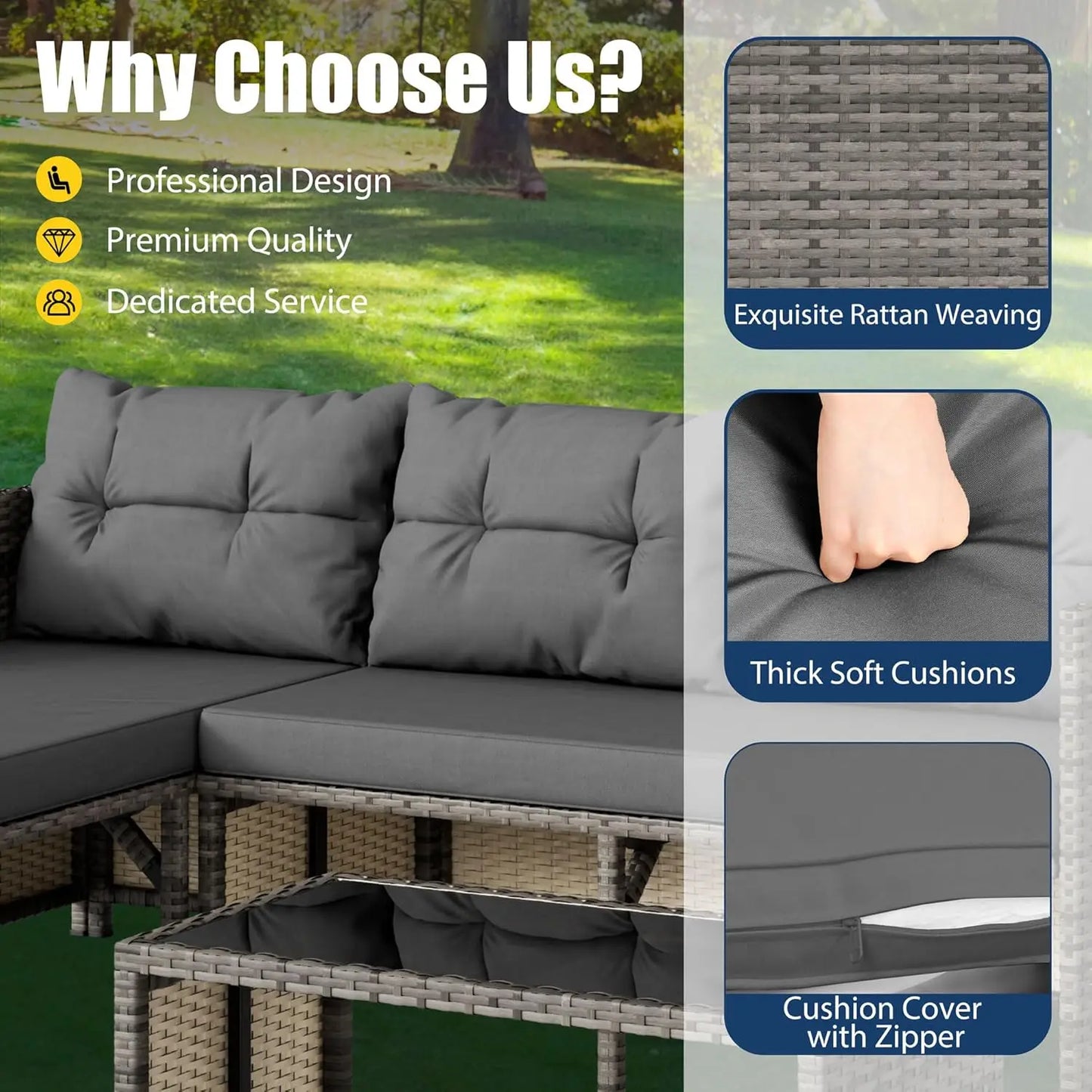 Vongrasig 3 Piece Patio Furniture Sets, All-Weather Wicker Outdoor Sofa Couch Sectional Set, Small Conversation Set for Patio, G