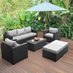 PatioLix Furniture Set 6 Pieces Couch Outdoor Chairs Coffee Table Peacock Blue Anti-Slip