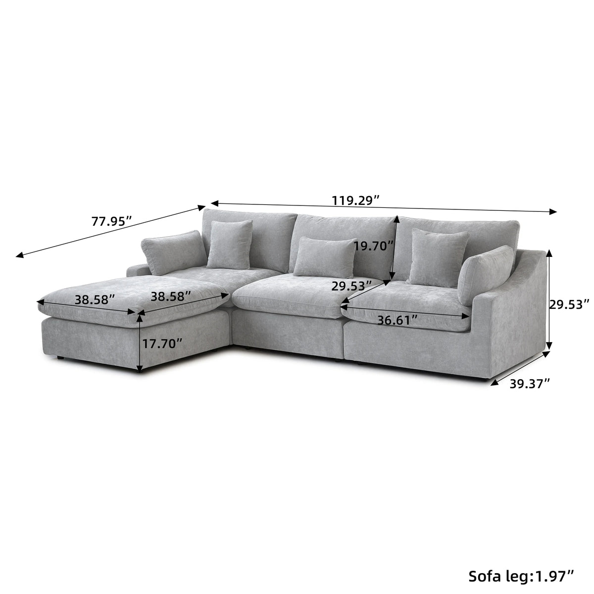 Sdorens 120'' Sectional Sofas for Living Room Modern Cloud Couch Down Filled L-Shaped 3Seater Couch with Ottoman