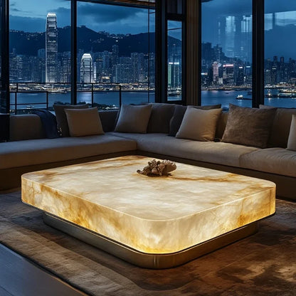 Jade square luminous coffee table premium villa living room modern minimalist marble Venice light luxury stone