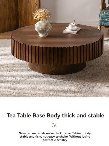 Modern Wooden Coffee Table Round Black with Solid Wood Veneered, Circle Center Table Accent Tea Table for Living Room Apartment