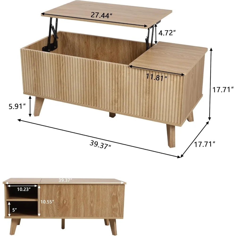Wooden Fluted Lift Top Coffee Table with Hidden Compartment, Modern Rectangle Center Tables with Adjustable Storage Shelf, Lift