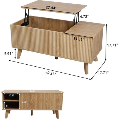 Wooden Fluted Lift Top Coffee Table with Hidden Compartment, Modern Rectangle Center Tables with Adjustable Storage Shelf, Lift