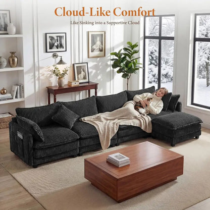 143 L Shaped Modular Sectional Couch, Comfy Corduroy Upholstered Cloud Couches for Living Room, Modern 3 Seater Sofa with Movab
