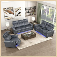 3-Piece Power Reclining Sofa Set, Heat/Massage & Storage Arms in Blue