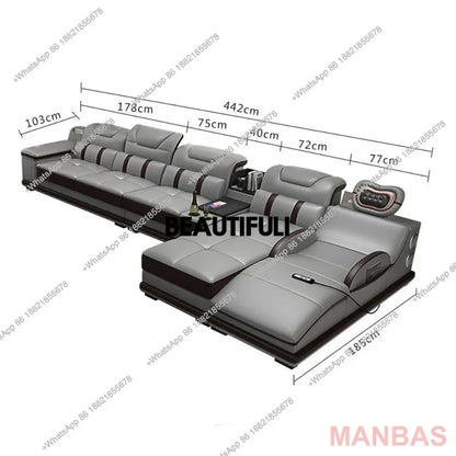 a48 Italy Genuine Leather Sectional Sofa with Bluetooth Speaker,Functional Headrest,Massage Chaise | L Shape Corner Couch