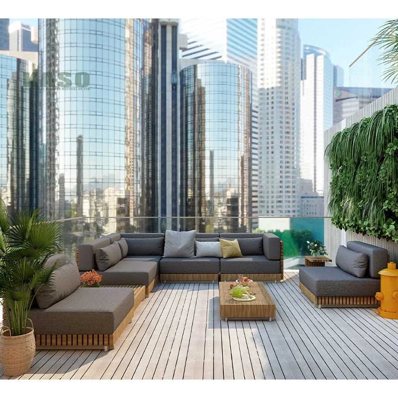 -Hotel Modern Sofa Set Garden Teak Outdoor Furniture Aluminum Wood Terrace Outdoor Sofa Combination Teak Luxury Garden Sofa Set