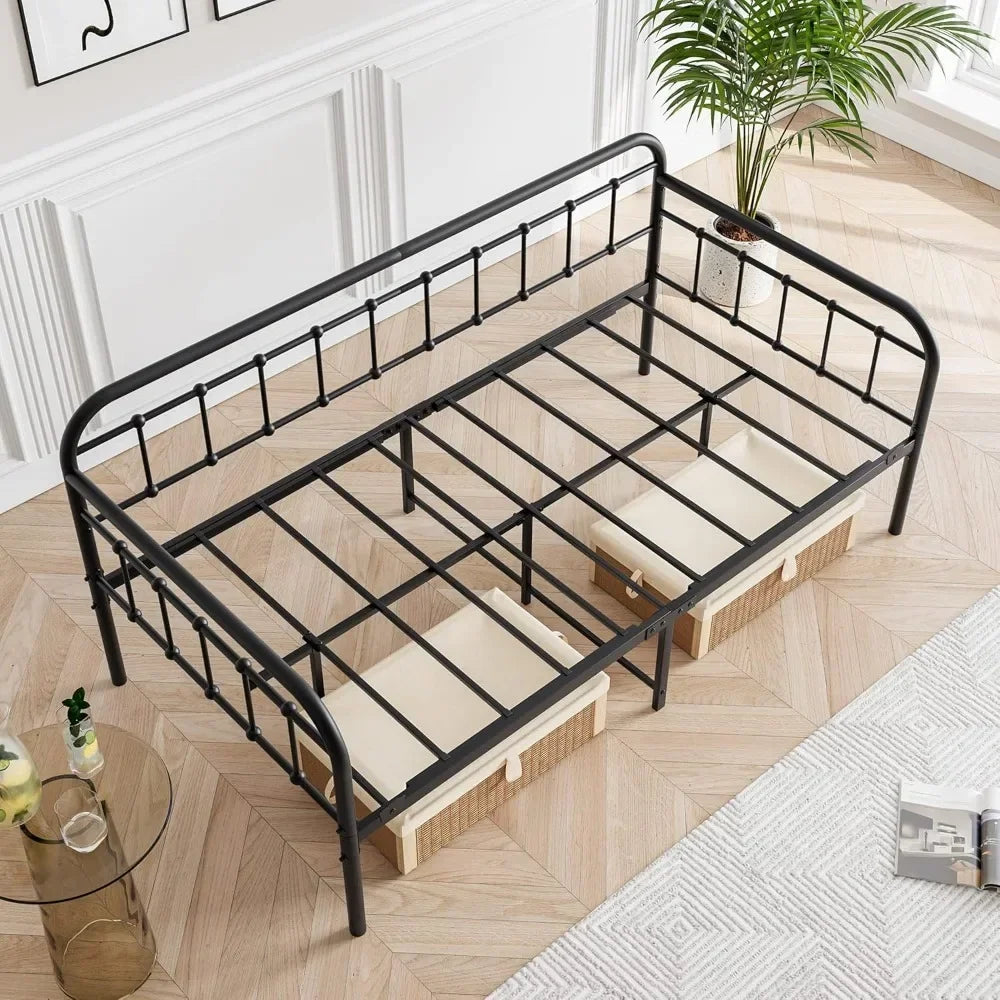 Metal Daybed Frame Twin Size with Steel Slats Platform Furniture Black