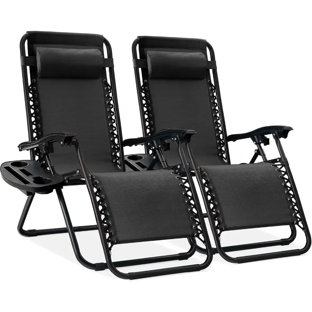 Two-Piece Adjustable Steel Mesh Zero Gravity Lounge Chair Recliner, with Pillow and Cup Holder Tray, Black