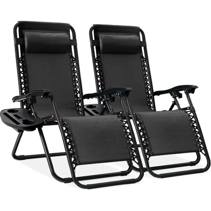 Two-Piece Adjustable Steel Mesh Zero Gravity Lounge Chair Recliner, with Pillow and Cup Holder Tray, Black