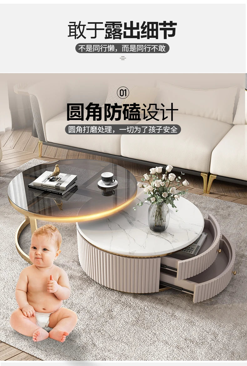 LXLight luxury rock slab coffee table Nordic simple modern round telescopic size coffee table