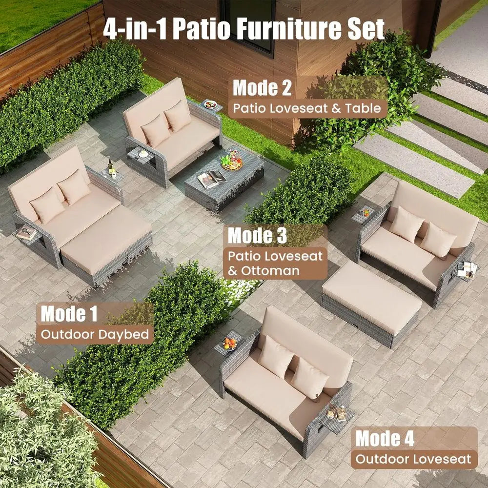 Moccha Outdoor Daybed, Wicker Loveseat Sofa Set with 4Postion Adjustable Backrest, Storage Ottoman, Cushions, Rattan Double Bed