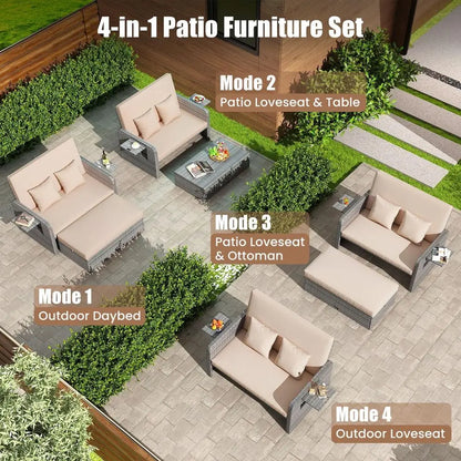Moccha Outdoor Daybed, Wicker Loveseat Sofa Set with 4Postion Adjustable Backrest, Storage Ottoman, Cushions, Rattan Double Bed