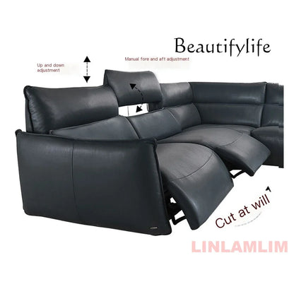 QY Dual Motor Power Reclining Genuine Leather Sectional Sofa with Adjustable Headrests, L-Shaped Corner Couch with Chaise Lounge