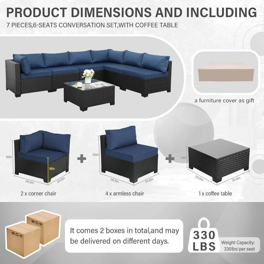 black rattan outdoor 7-piece wicker furniture set with navy blue washable cushions for patio sectional sofa