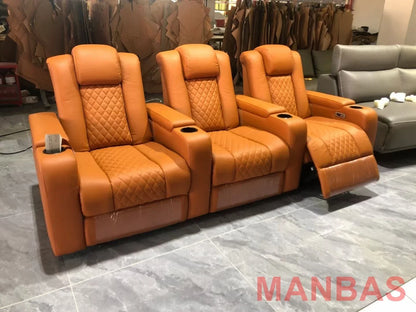 Linlamlim Luxury 3-Seat Recliner Sofa with Cup Holders, Leather Home Theater Seating, Cinema Recliner Couch with Center Console