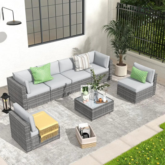 2-piece courtyard furniture set, outdoor segmented sofa, all-weather gray PE rattan conversation set, outdoor sofa