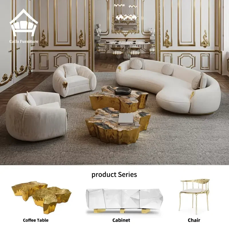High End Villa Living Room Set Curved Sofa Leather Fabric Brass Corner Couch Italian Designer Furniture Sofas Modernos