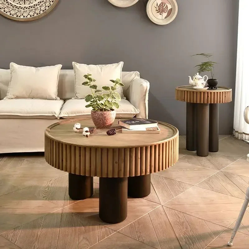 New arrivals pastoral style living room furniture rustic round wood carved coffee table with 3 legs