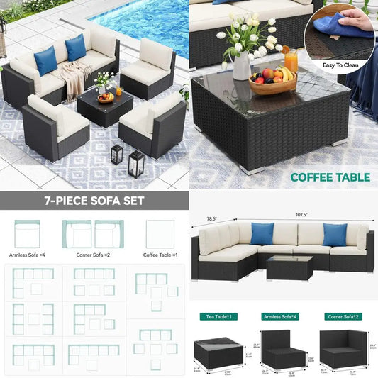 7-Piece Outdoor Patio Furniture Set, Sectional Sofa with PE Rattan Wicker, Conversation Area with Table and Cushions