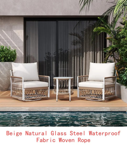 Bohemian Outdoor Furniture Set, 3-Piece with 2 Lounge Chairs & Glass Table, Handwoven Rope & Powder-Coated Steel Frame,