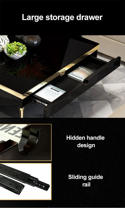 Luxury modern Italian design black glass stainless steel high-grade metal coffee table living room furniture gold coffee table