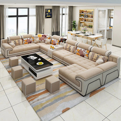 Modern Living Room Lounge 7 Seater U Shaped Sofa Set Furniture L Shape Sectional Couch Luxury Microfiber Fabric Modular Sofa