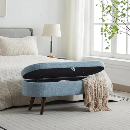 43.8" Boucle Storage Ottoman Bench, 300 Lb Capacity, Upholstered, Safety Hinge, Flip-Top Oval Foot Rest With Wood Legs