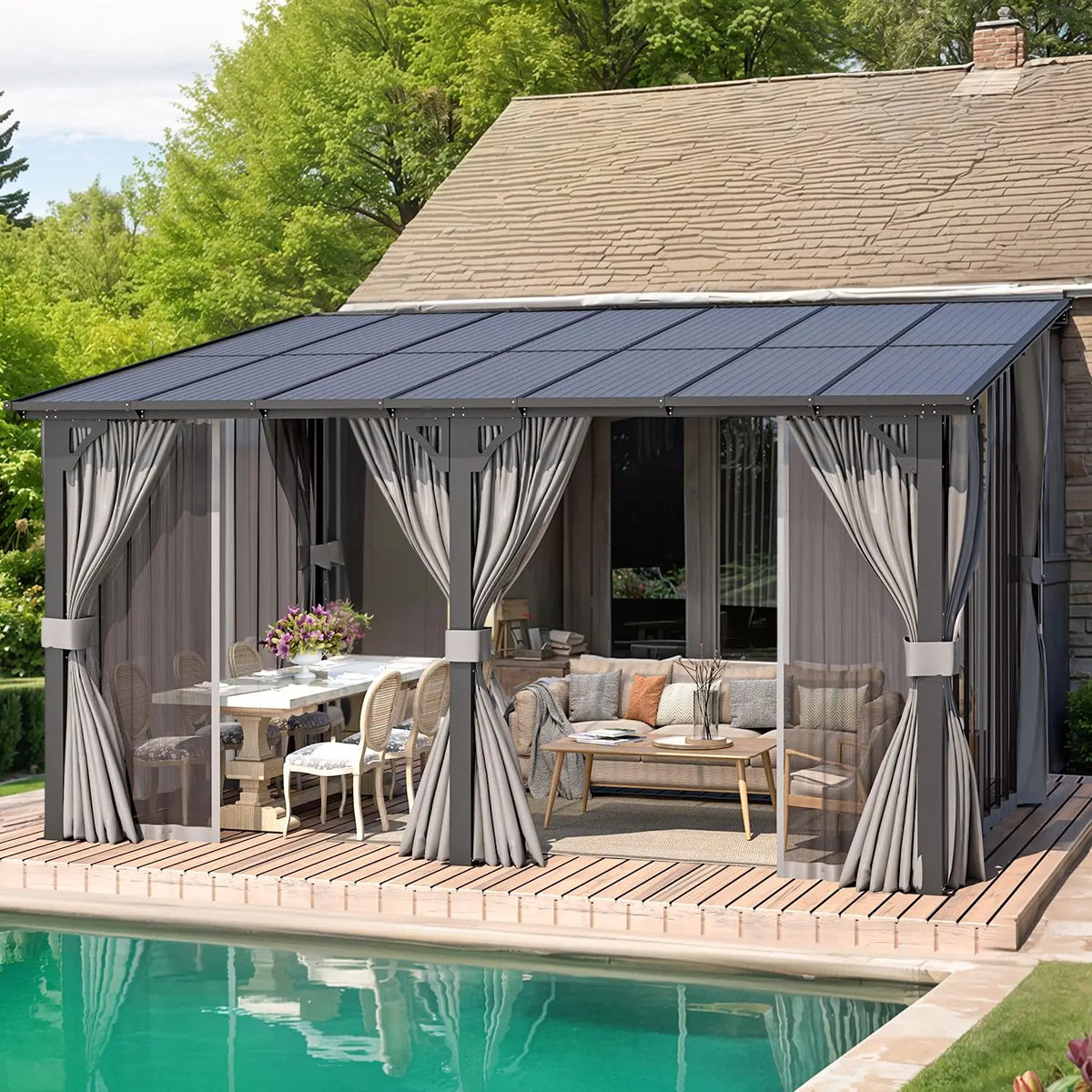 Hard Top Lean-to Gazebo Pergola Curtains & Netting Wall-Mounted Patio Deck Awning, Custom