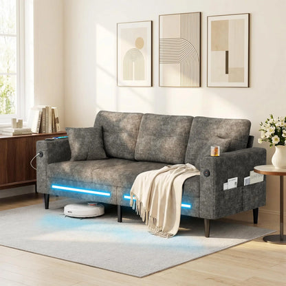 77" Small Cloud Loveseat 3 Seater Sofa, Green | Deep Seat, LED Light, USB Charger, Chenille, Modern, Customized