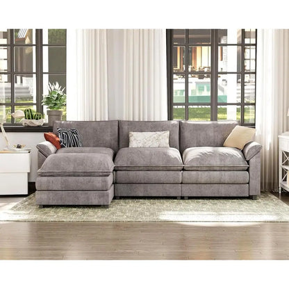 Sectional Sofa with Ottoman, Chenille Fabric, Convertible 3-Seater Couch for Living Room (Gray, L-Shape) | Breathable Material