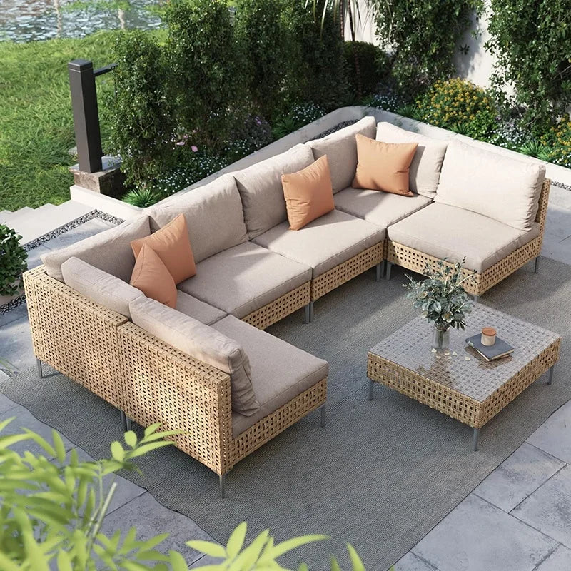 Waterproof Sunproof Woven Rattan Sofa Tea Table Set Aluminum Alloy Outdoor Furniture Patio Leisure-for Living Room Dining