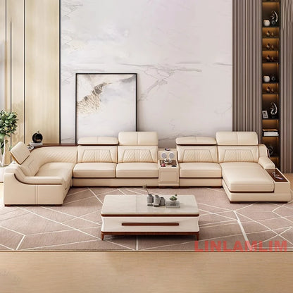 Modern U-Shaped Sectional Sofa Set with Chaise Lounge, Genuine Leather Couch with Storage Table, USB – Big Living Room Furniture
