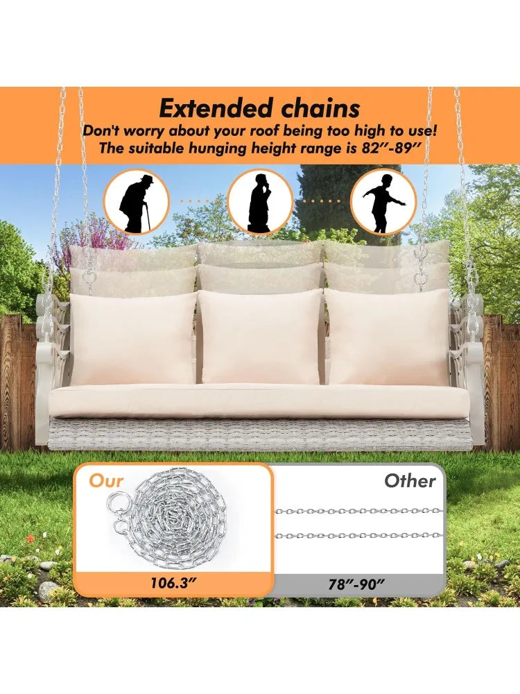3-Person Wicker Porch Swing Chair Heavy Duty 900 LBS Outdoor Rattan Patio Swing Chair w/Cup-Holder & Steel Chains Hanging Bench