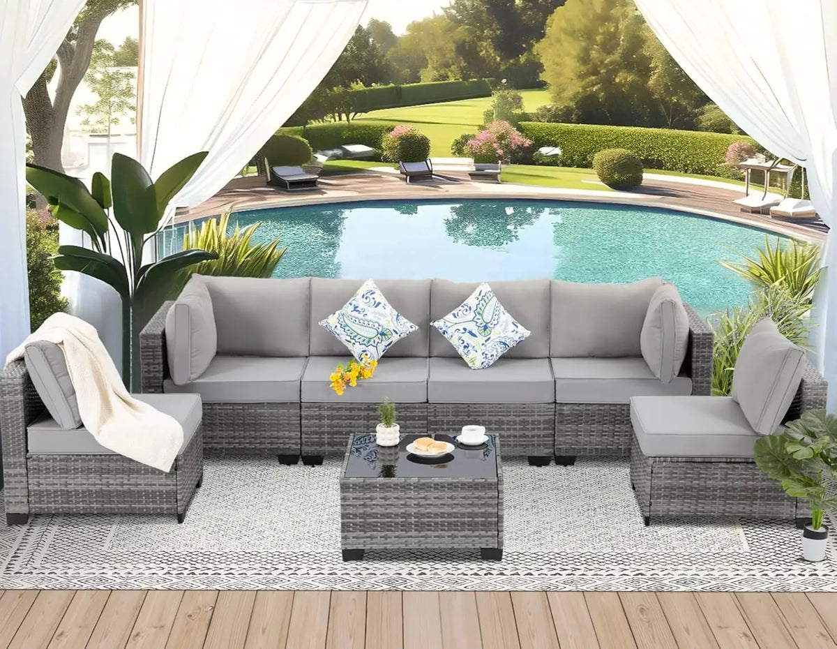 7 Pieces Outdoor Patio Furniture Set, Sectional Sofa Set Rattan Patio Conversation Sets with Couch Set &Table for Outside Garden