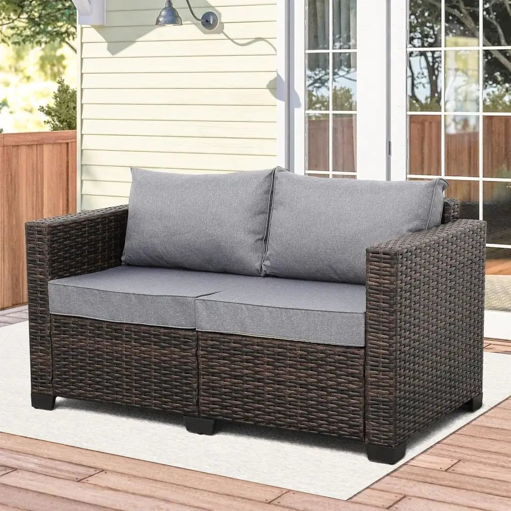 Patio PE Wicker Couch Furniture Loveseat Outdoor Brown Rattan Sofa with Washable Cushions (Grey)