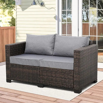 Patio PE Wicker Couch Furniture Loveseat Outdoor Brown Rattan Sofa with Washable Cushions (Grey)
