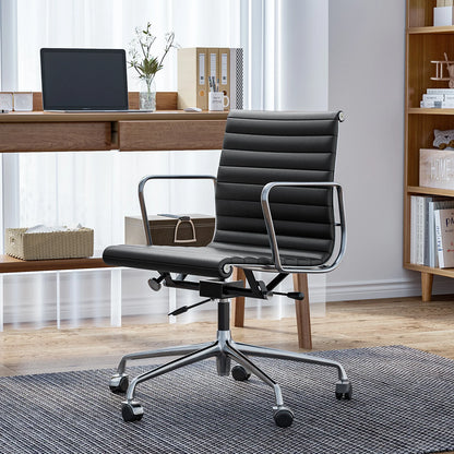 High Mid Back Ribbed Office Chair Genuine Leather Swivel Chair Adjustable Ergonomic Computer Chair with Aluminium Alloy Frame