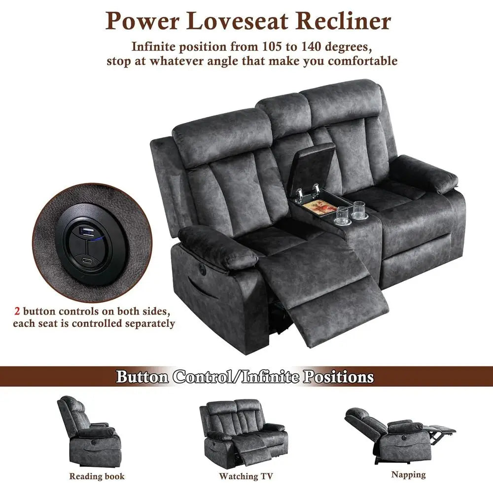 2-Piece Grey Reclining Couch Set with Padded Seats and Cup Holders for Living Room, Office, or Home Theater