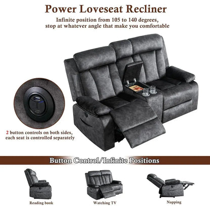 2-Piece Grey Reclining Couch Set with Padded Seats and Cup Holders for Living Room, Office, or Home Theater
