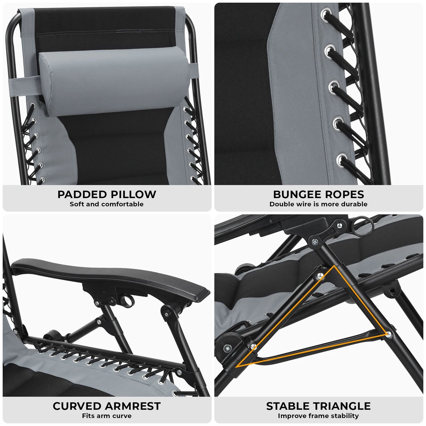 Padded Zero Gravity Lounge Chair Folding Patio Recliner with Adjustable Headrest & Cup Holder, Support 160kg Sun Loungers
