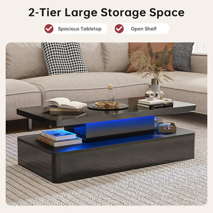 Modern LED Coffee Table, 40" Living Room Tables with 16 Colors LED Lights, Double-Layer Design, Stylish Coffee Tables