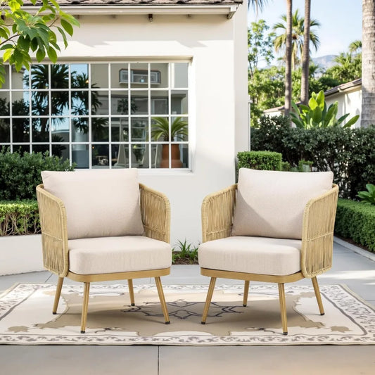 Outdoor Wicker Patio Chairs Set of 2, Rattan Barrel Chairs Patio Furniture Sets with 4“ Hight Desity Cushion, 2 Pieces Bistro