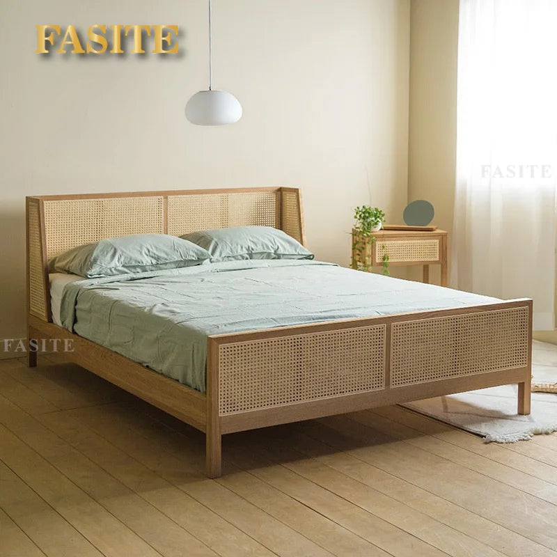 Vine Weaving Bed Japanese Solid Wood Bed Small Family Homestay White Wax Wood Main Bedding 1.51.8m Household Simple Vine Art Bed